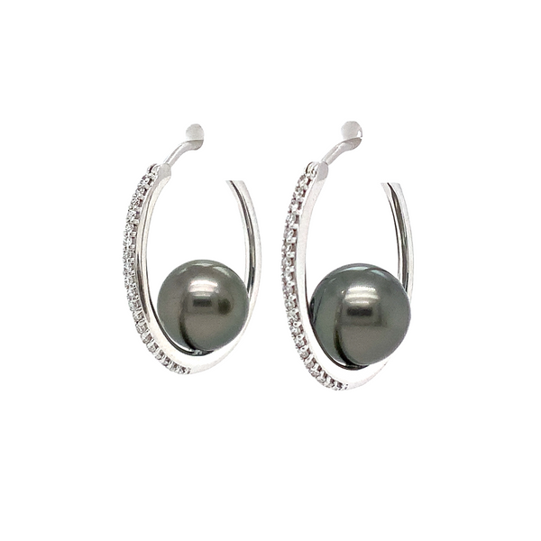 mastoloni tahitian black pearl hoop earring set in 14k white gold