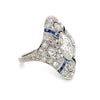 antique edwardian art deco filigree marquise diamond and calibre sapphire ring set in platinum