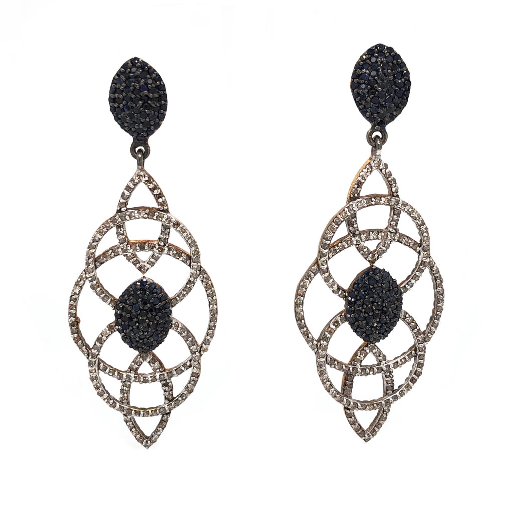 blue sapphire and diamond chandelier drop earrings 1.5ctw oxidized sterling silver