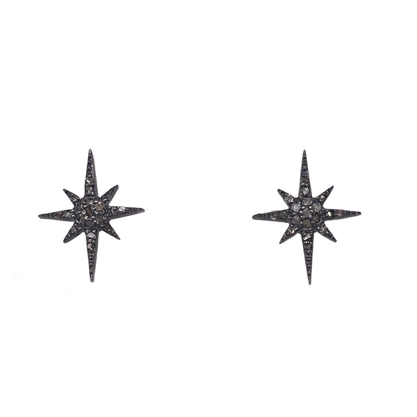 pointed star diamond stud earrings oxidized sterling silver