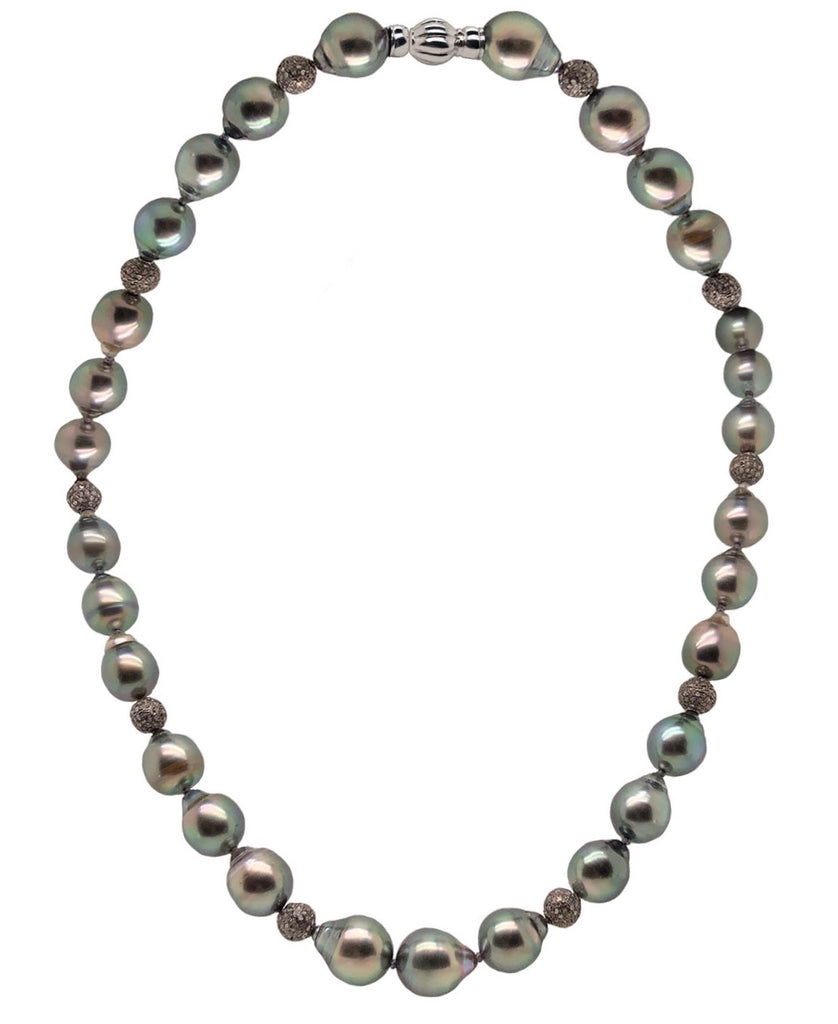 cultured circle natural black tahitian south sea 9.0 - 9.5 mm pearl knotted strand with diamond paved beads in sterling silver.