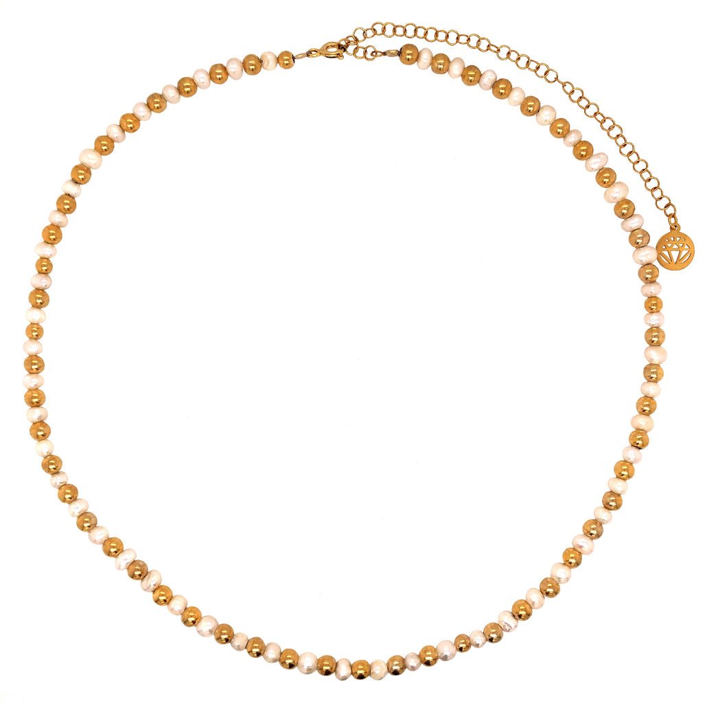 fresh water pearl and gold vermeil beaded collar length adjustable necklace