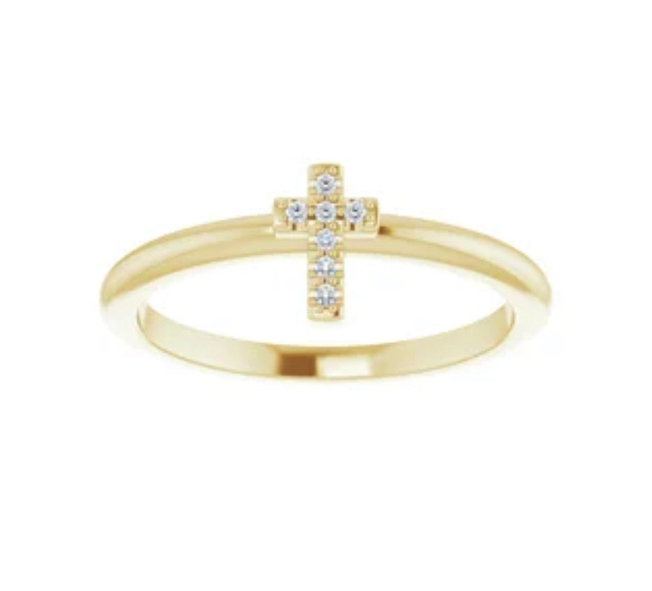 stackable petite diamond paved cross ring in 14 kt yellow gold