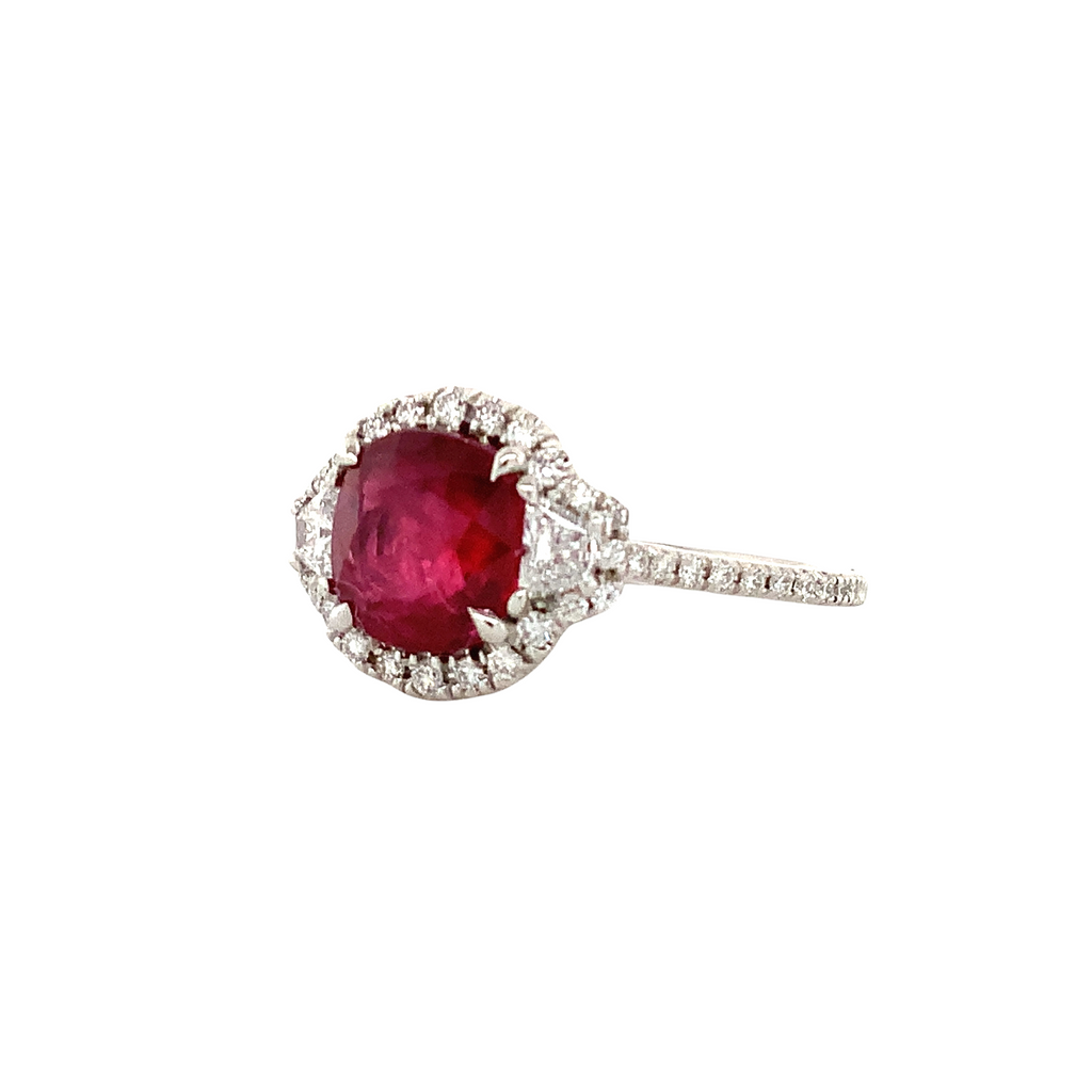 one of a kind certified cushion mixed cut fine ruby and diamond ring set in platinum
