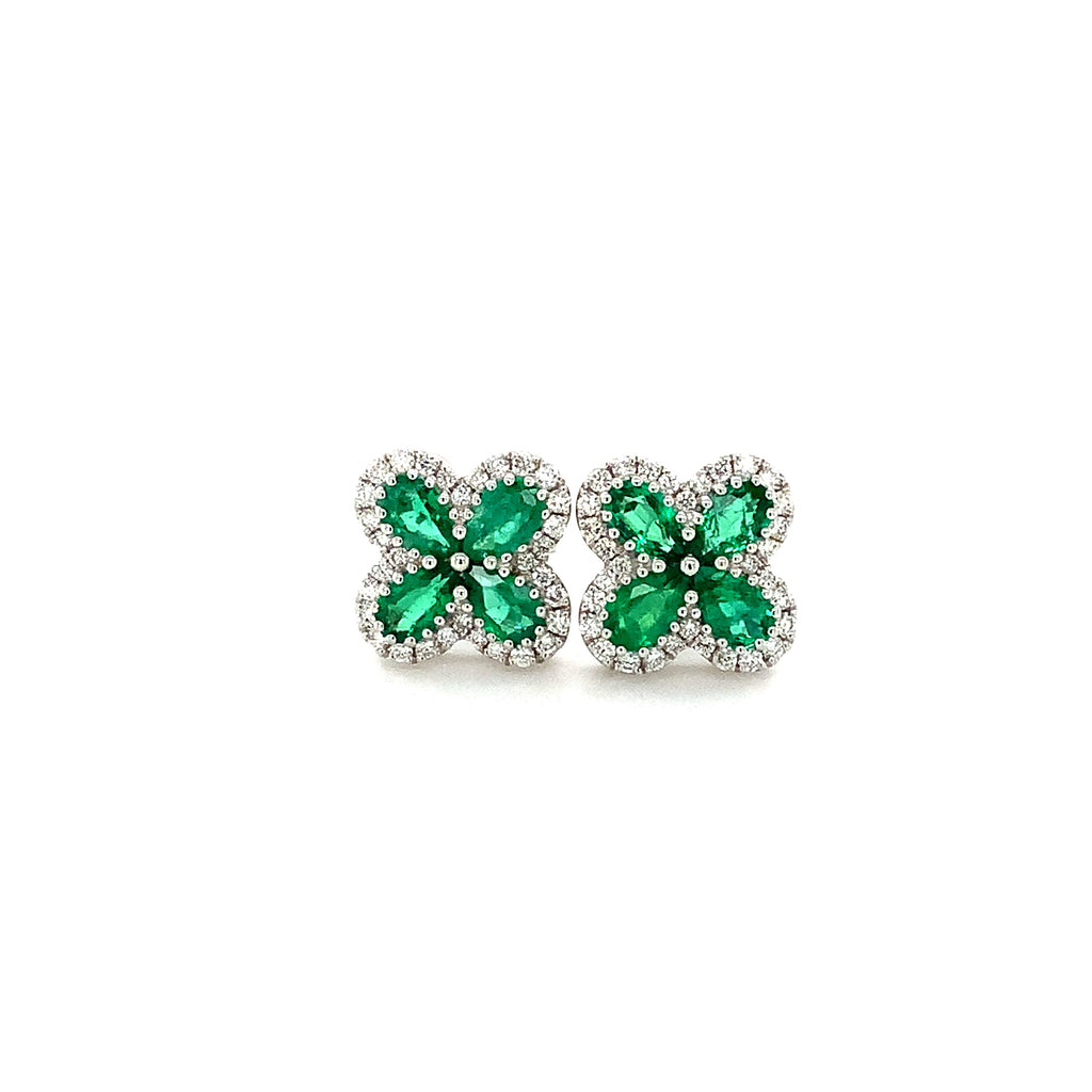 four leaf clover columbian emerald and diamond earrings set in 14k white gold