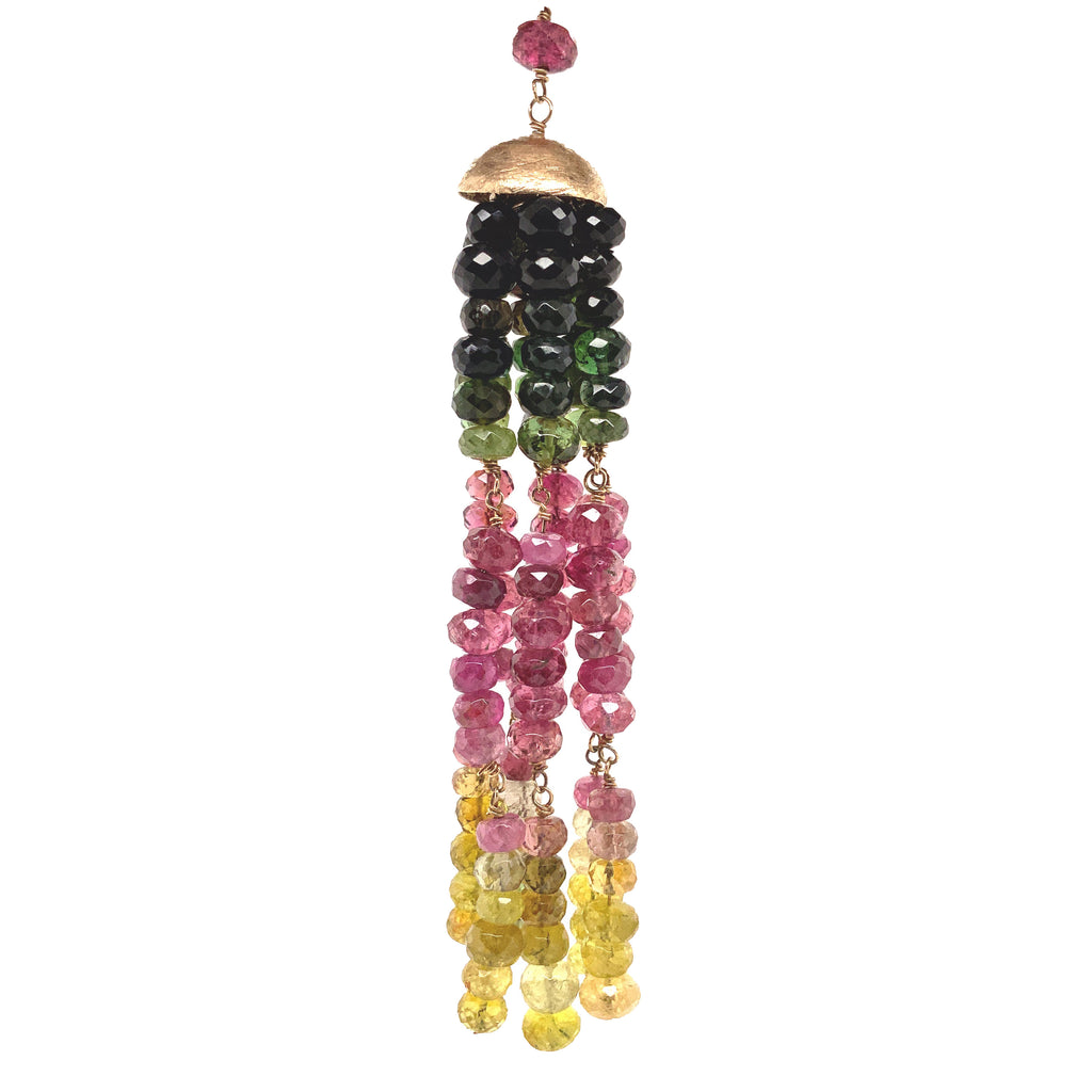 multi colored ombre green, pinks to yellows tourmaline tassel wire bead necklace 14k yellow gold