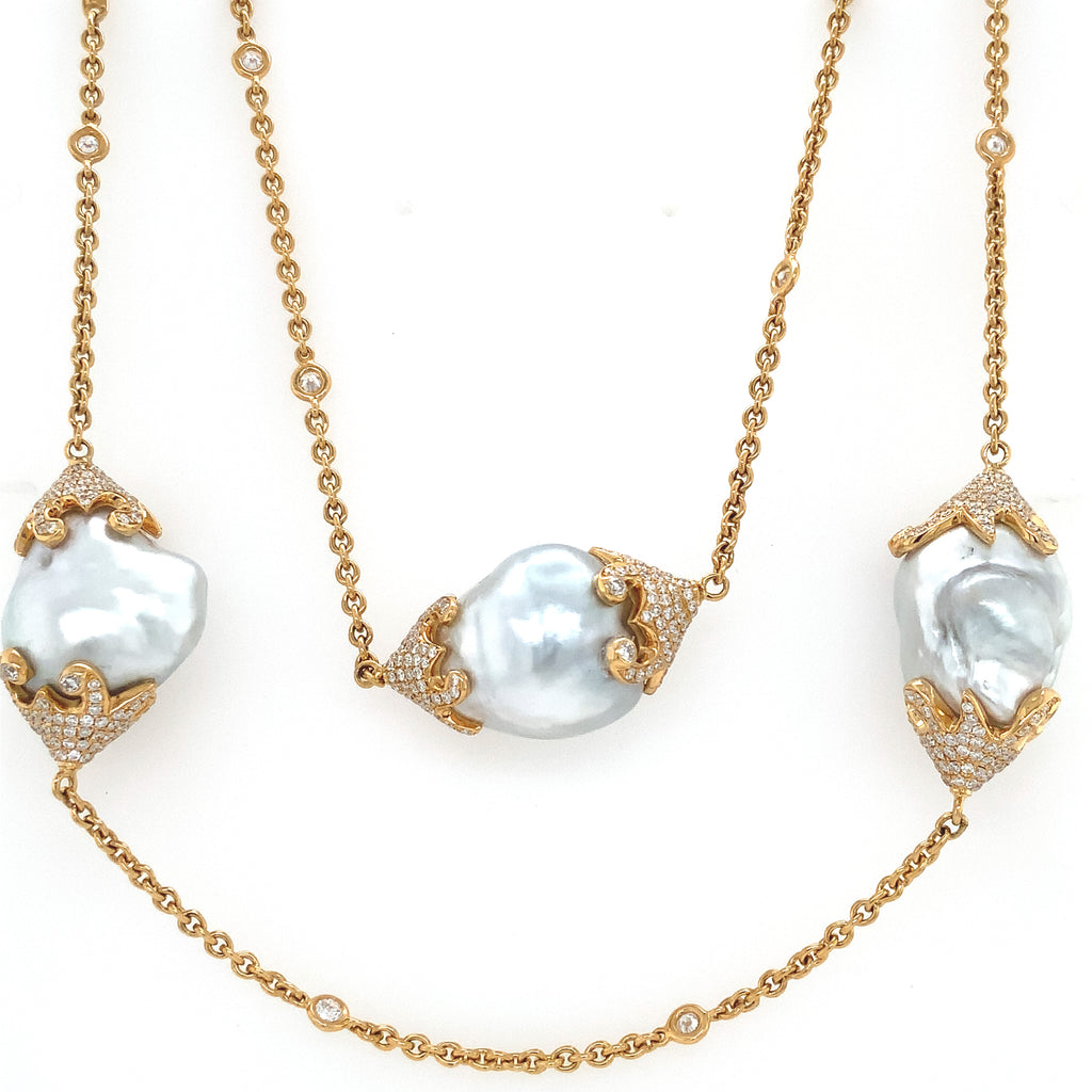 asba collection 18kt yellow gold white south sea baroque pearl and pavé set diamond by the yard necklace