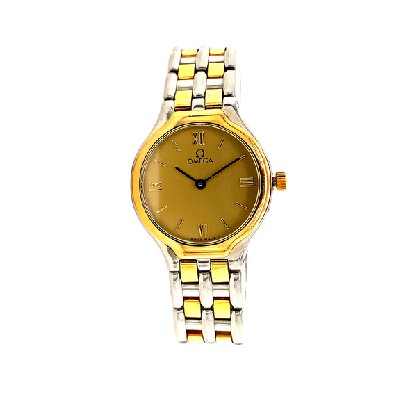 omega symbol 18 kt gold and stainless steel quartz watch 23 mm ladies