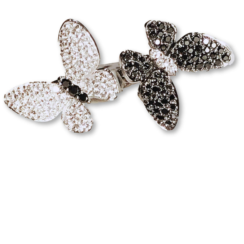 open double butterfly black and white diamond right hand ring 18k white gold