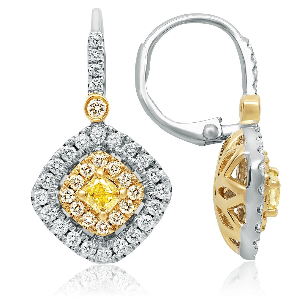 roman + jules double halo fancy yellow diamond drop earrings set in 18 karat two tone 1.11 cts t.w.