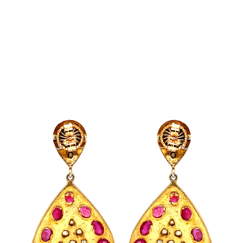 oxidized silver and gold vermeil double teardrop  earring with cabochon ruby and polki diamond