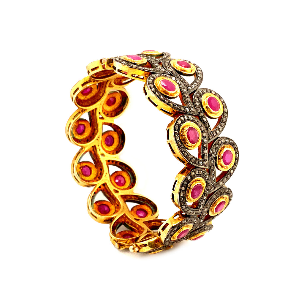 oxidize sterling silver and gold vermeil 25 cts ruby and diamond hinged bangle
